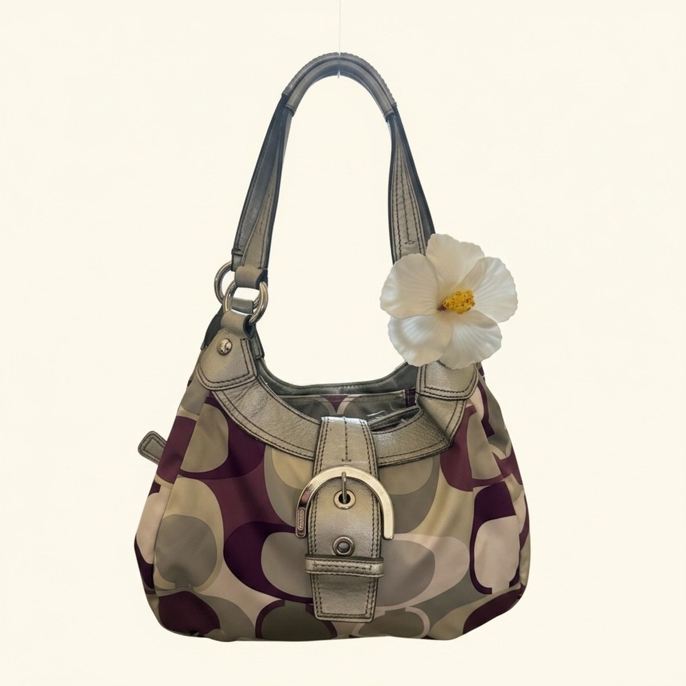 Coach Y2K Soho Signature Hobo Plum Silver Buckle Shoulder Bag